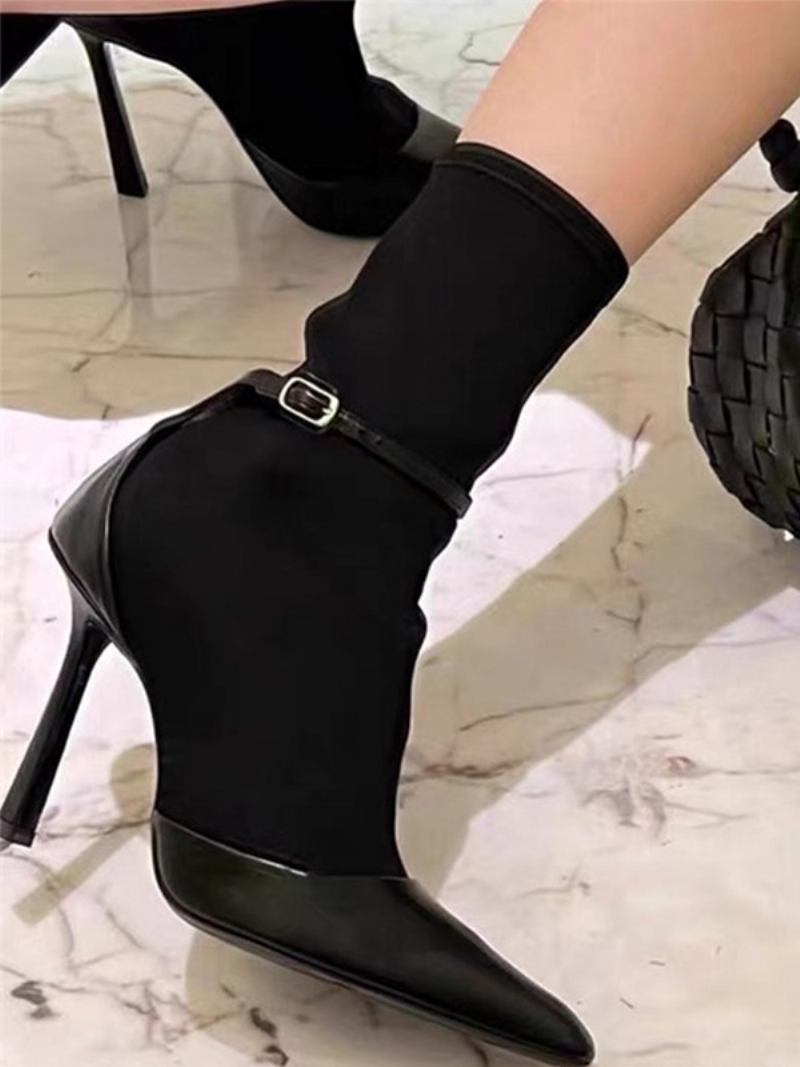 Botas Femininas Pretas Anlke Bico Fino Com Fivela E Salto Agulha - Preto