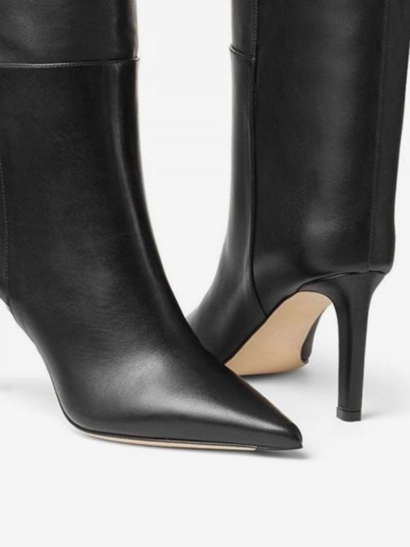 Botas Femininas Pretas Até O Joelho Bico Fino Detalhe Metal Salto Alto Cano Reto - Preto