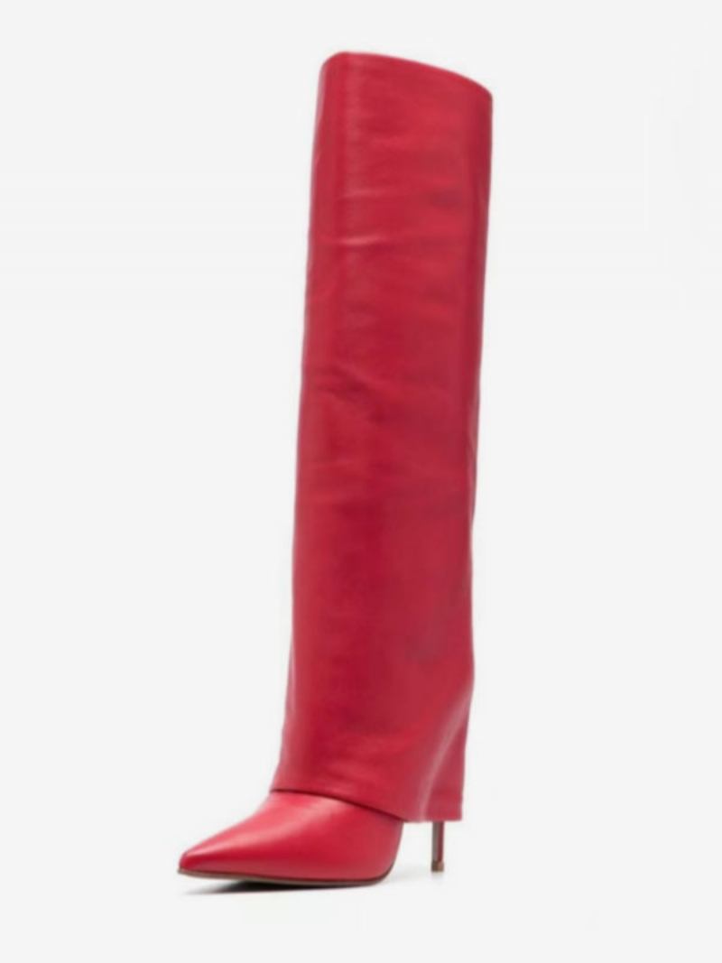 Botas Femininas Pretas Bico Fino Dobráveis Cano Alto - Vermelho