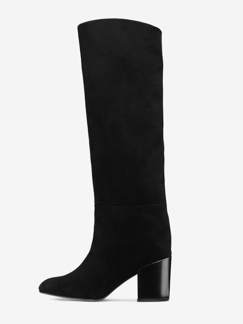 Botas Femininas Pretas Cano Alto Com Bico Fino E Salto Bloco - Preto