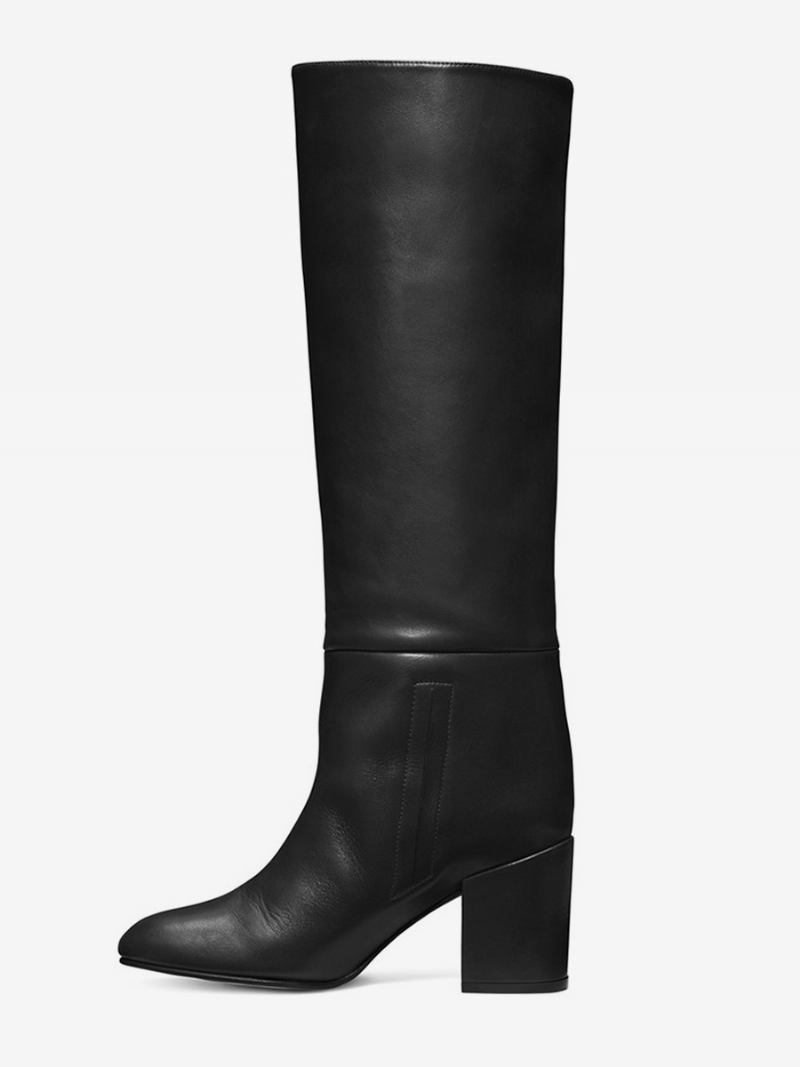 Botas Femininas Pretas Cano Alto Com Bico Fino E Salto Bloco - Pu Preto