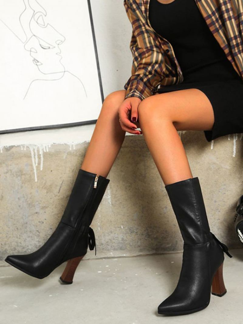 Botas Femininas Pretas Cano Médio Couro Com Bico Fino - Preto