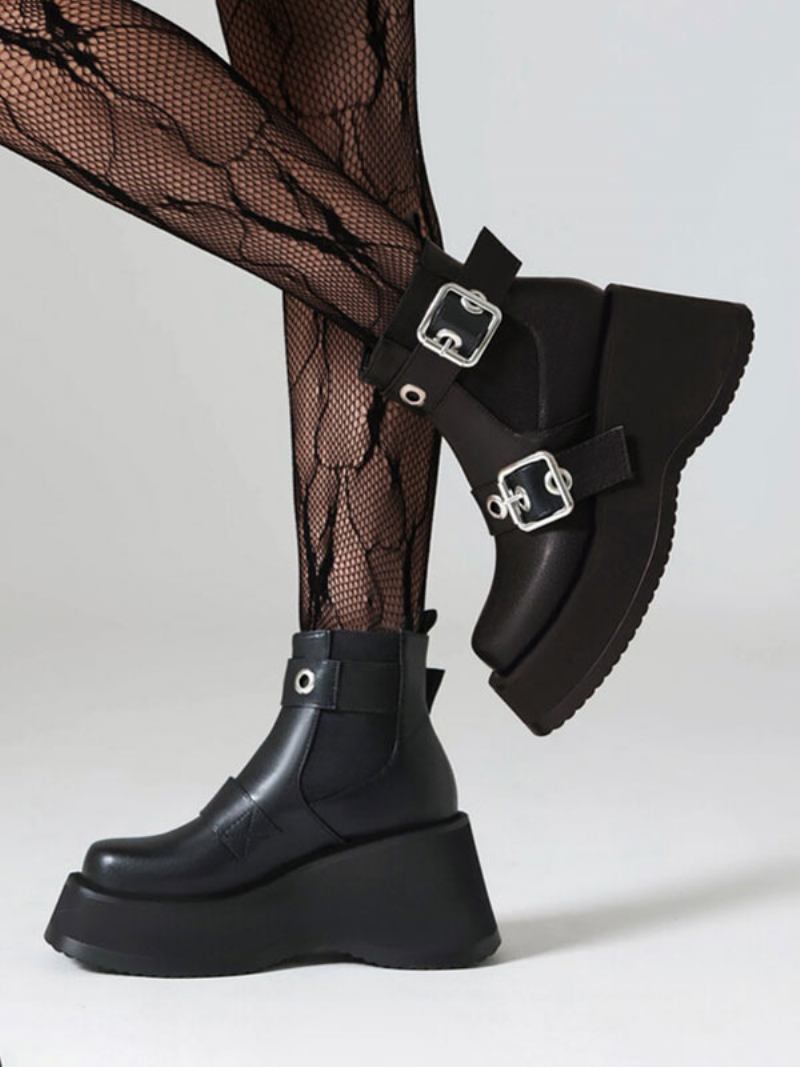 Botas Femininas Pretas Com Bico Redondo E Plataforma Plana