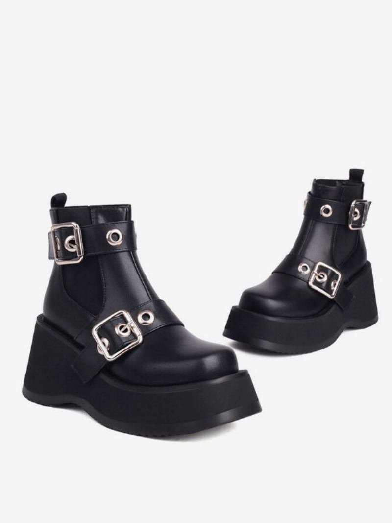 Botas Femininas Pretas Com Bico Redondo E Plataforma Plana - Preto