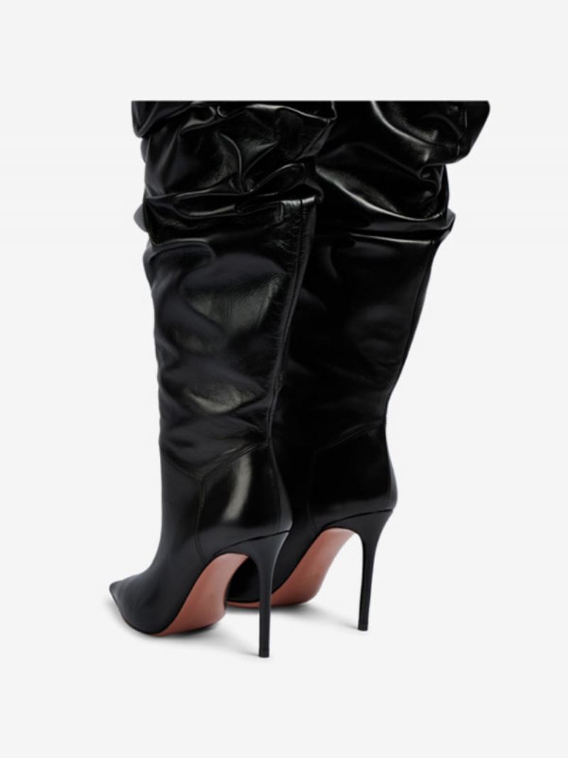 Botas Femininas Pretas Com Cano Alto Salto Bico Fino Desleixadas - Preto