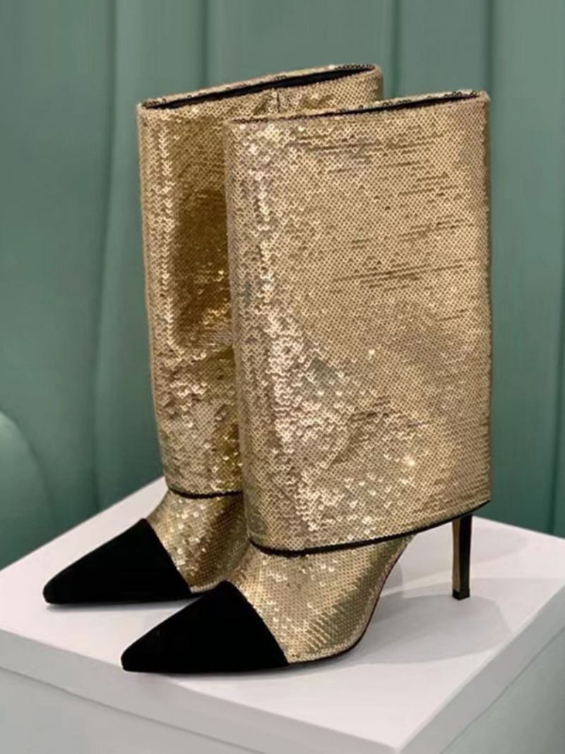 Botas Femininas Pretas Com Lantejoulas E Bico Fino Salto Agulha - Ouro