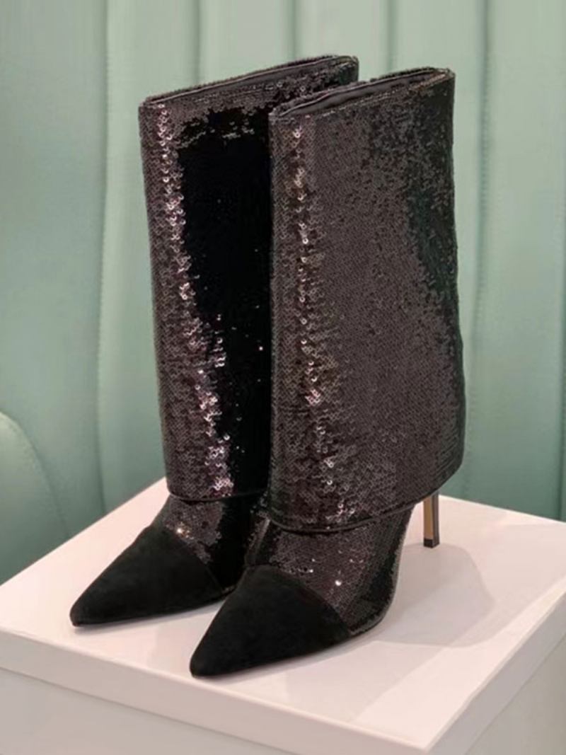 Botas Femininas Pretas Com Lantejoulas E Bico Fino Salto Agulha - Preto Prata