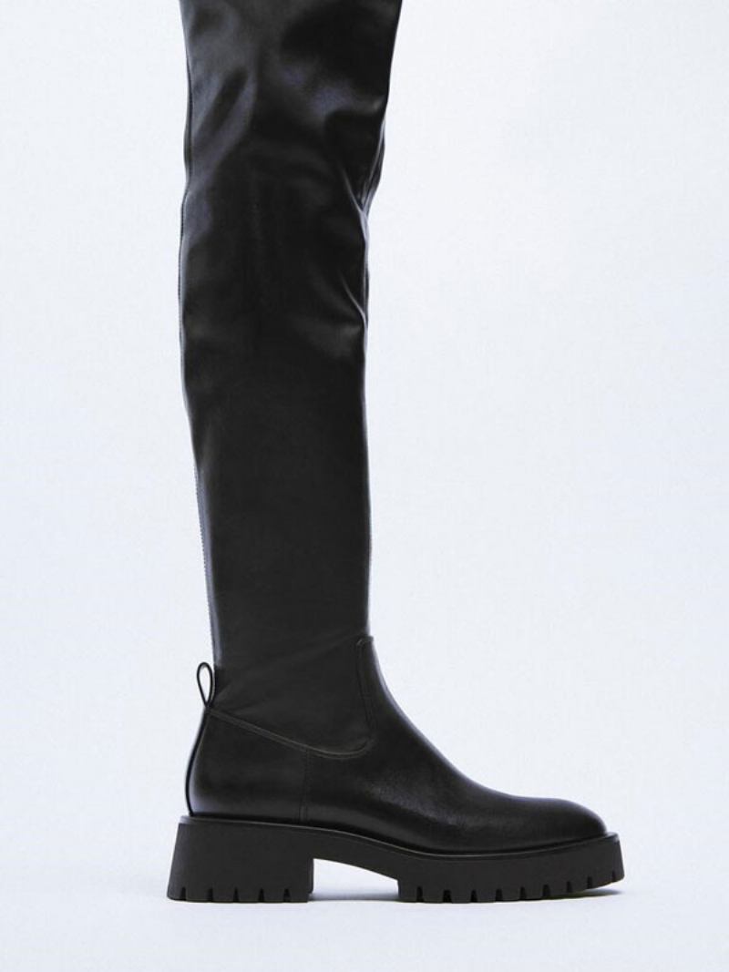 Botas Femininas Pretas Couro Pu Planas Sobre O Joelho - Preto