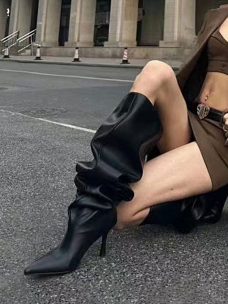 Botas Femininas Pretas Despojadas Salto Alto Bico Fino Médias Panturrilha