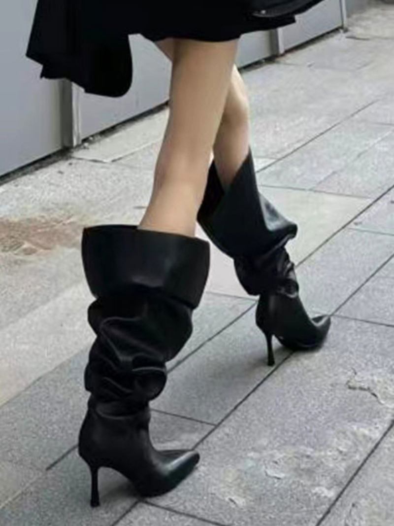 Botas Femininas Pretas Despojadas Salto Alto Bico Fino Médias Panturrilha - Preto