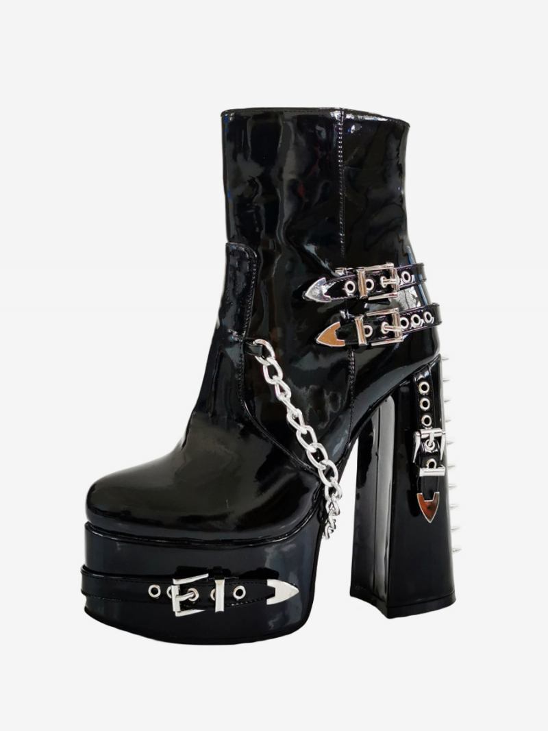 Botas Femininas Pretas Em Pu Com Bico Redondo E Detalhe Metal Punk