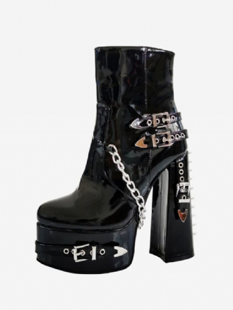 Botas Femininas Pretas Em Pu Com Bico Redondo E Detalhe Metal Punk