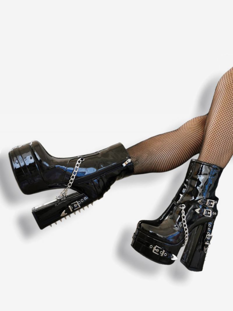 Botas Femininas Pretas Em Pu Com Bico Redondo E Detalhe Metal Punk - Preto