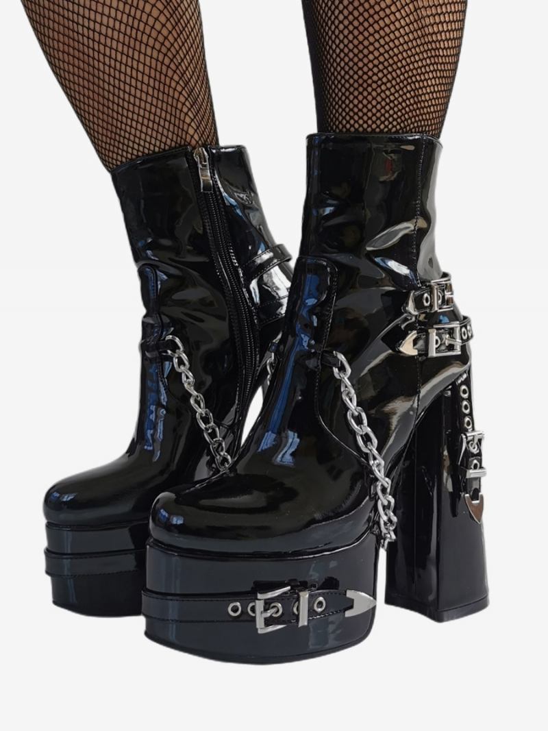 Botas Femininas Pretas Em Pu Com Bico Redondo E Detalhe Metal Punk - Preto