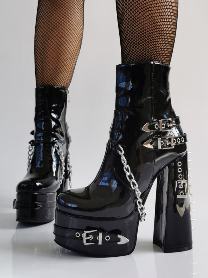 Botas Femininas Pretas Em Pu Com Bico Redondo E Detalhe Metal Punk - Preto