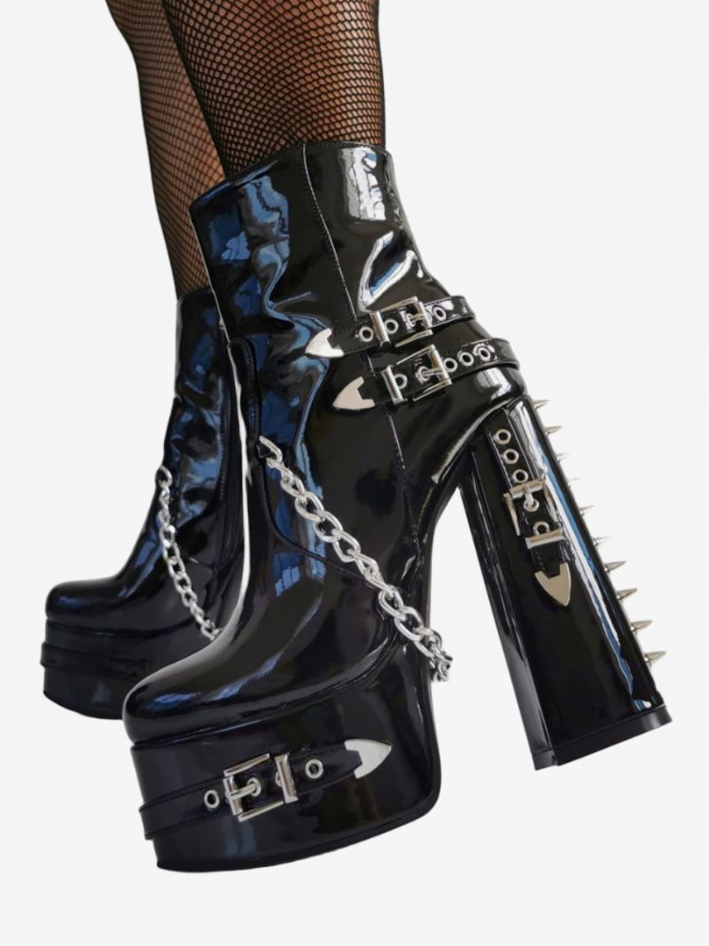 Botas Femininas Pretas Em Pu Com Bico Redondo E Detalhe Metal Punk - Preto