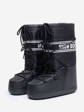 Botas Femininas Pretas Para Neve Com Bico Redondo E Cadarço Inverno