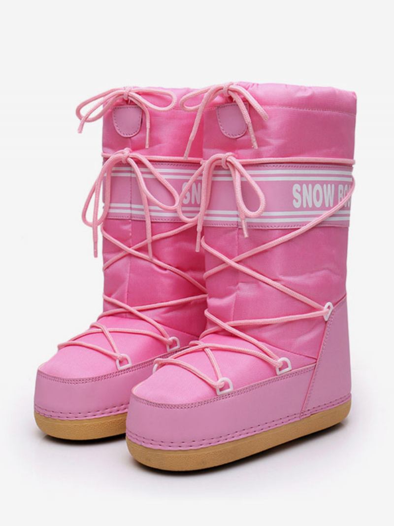 Botas Femininas Pretas Para Neve Com Bico Redondo E Cadarço Inverno - Rosa