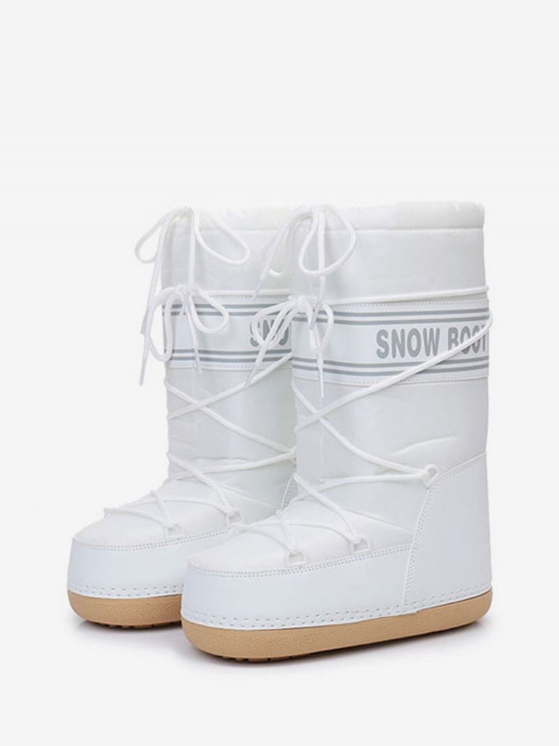 Botas Femininas Pretas Para Neve Com Bico Redondo E Cadarço Inverno - Branco