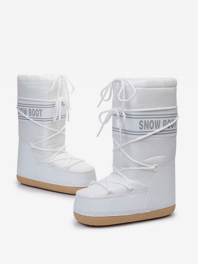 Botas Femininas Pretas Para Neve Com Bico Redondo E Cadarço Inverno - Branco