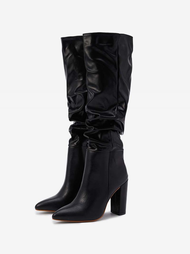 Botas Femininas Pretas Salto Grosso Bico Fino Martin Cano Alto