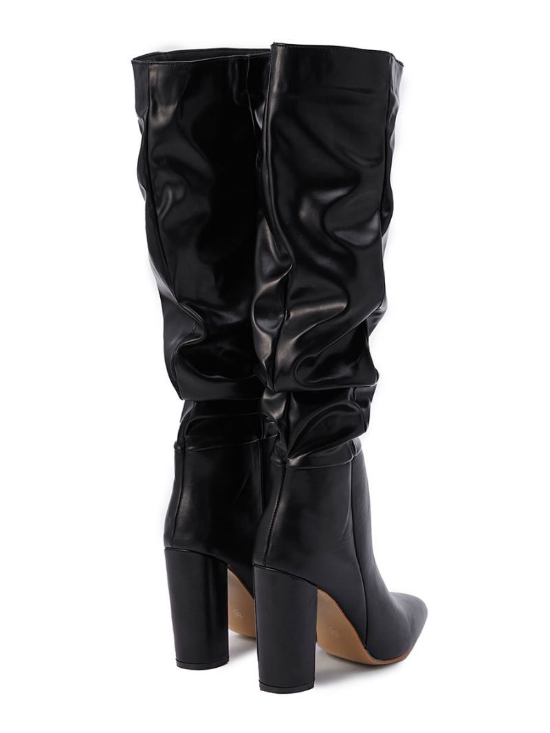 Botas Femininas Pretas Salto Grosso Bico Fino Martin Cano Alto - Preto