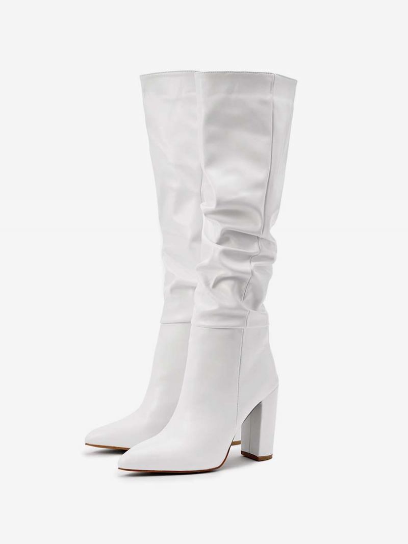 Botas Femininas Pretas Salto Grosso Bico Fino Martin Cano Alto - Branco