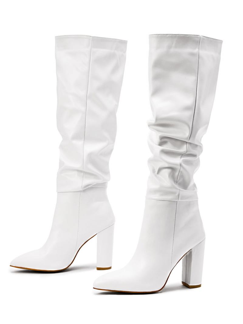 Botas Femininas Pretas Salto Grosso Bico Fino Martin Cano Alto - Branco