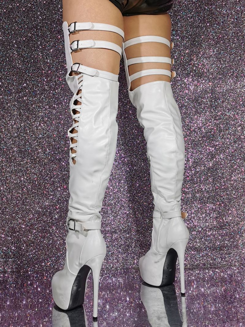 Botas Femininas Pretas Sexy Na Coxa Alta Com Plataforma Recortada Sobre O Joelho - Branco