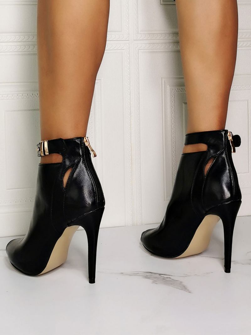 Botas Femininas Pretas Verão Peep Toe Salto Agulha Couro Pu Com Tira No Tornozelo E Alto - Preto