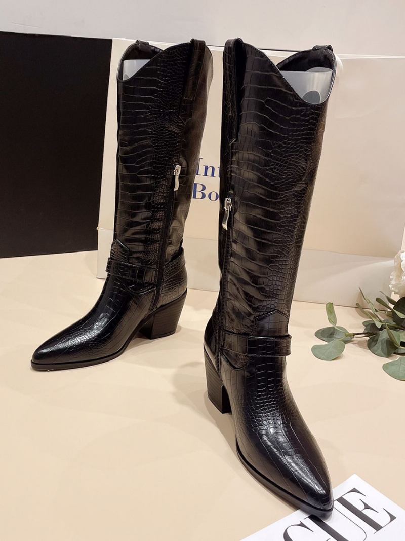 Botas Femininas Retrô Com Salto Grosso E Cano Alto Ocidentais - Preto