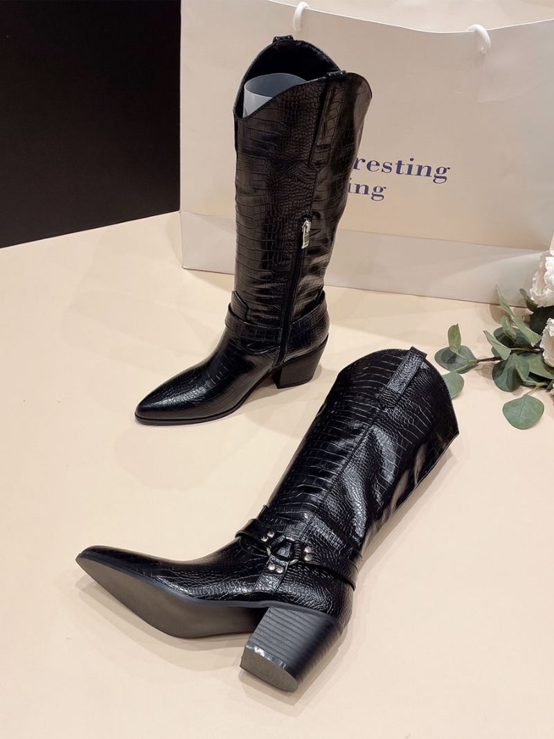 Botas Femininas Retrô Com Salto Grosso E Cano Alto Ocidentais - Preto