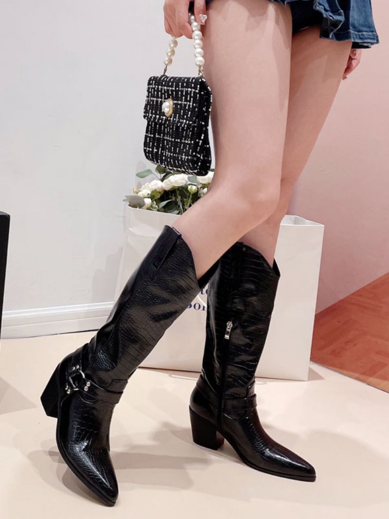 Botas Femininas Retrô Com Salto Grosso E Cano Alto Ocidentais - Preto