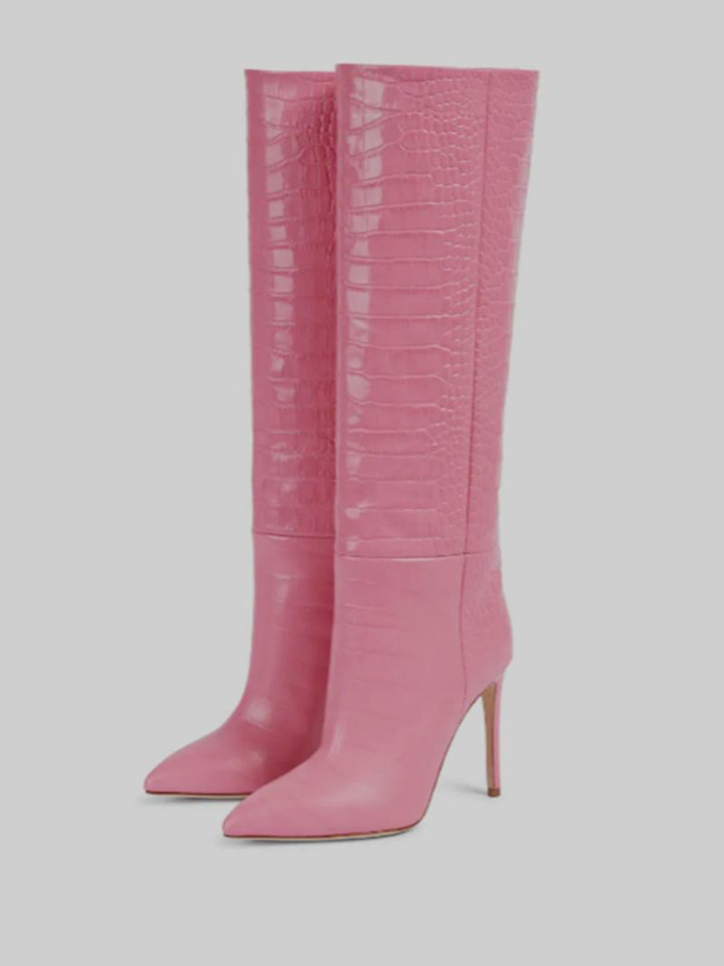 Botas Femininas Rosa Até O Joelho Com Bico Fino E Salto Agulha Padrão Crocodilo