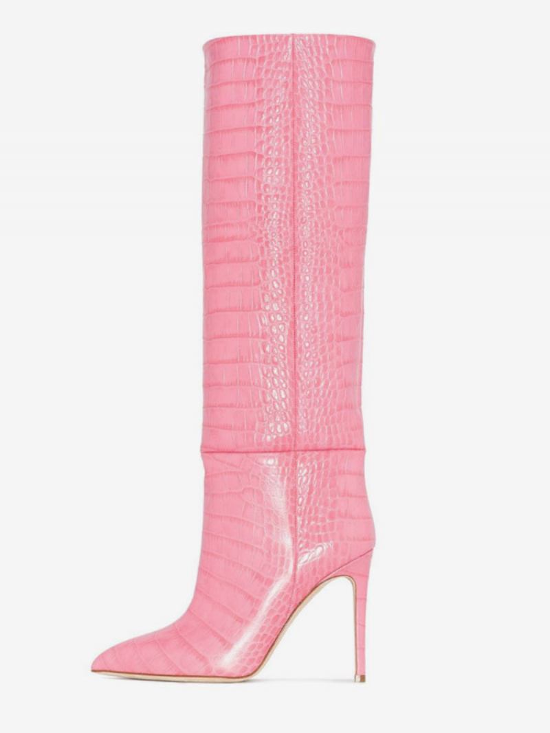 Botas Femininas Rosa Até O Joelho Com Padrão Crocodilo Salto Alto Bico Fino