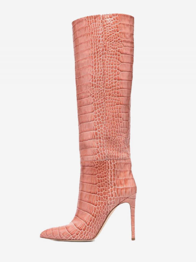 Botas Femininas Rosa Até O Joelho Com Padrão Crocodilo Salto Alto Bico Fino - Rosa