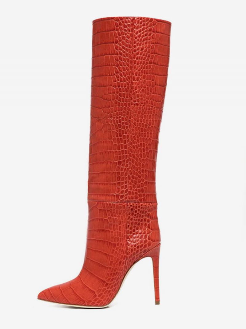 Botas Femininas Rosa Até O Joelho Com Padrão Crocodilo Salto Alto Bico Fino - Vermelho Claro