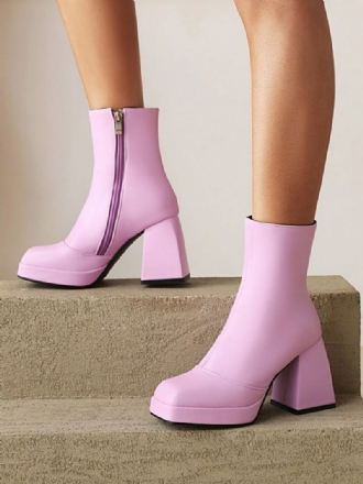 Botas Femininas Rosa Plataforma Bico Quadrado Salto Bloco Bota Tornozelo