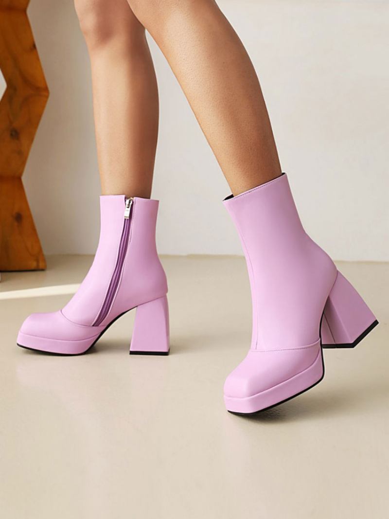 Botas Femininas Rosa Plataforma Bico Quadrado Salto Bloco Bota Tornozelo - Roxo