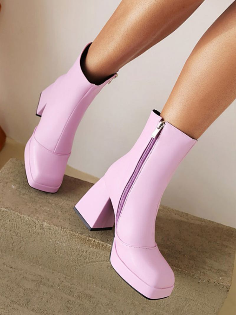 Botas Femininas Rosa Plataforma Bico Quadrado Salto Bloco Bota Tornozelo - Roxo