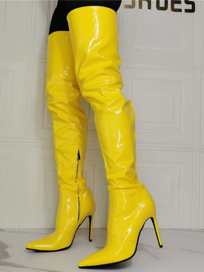 Botas Femininas Salto Agulha Até A Coxa Em Amarelo - Amarelo