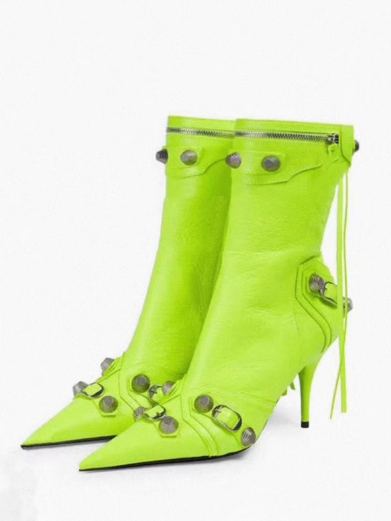 Botas Femininas Salto Agulha Bico Fino Couro Brilhante Com Zíper E Fivela Metal Vintage - Verde