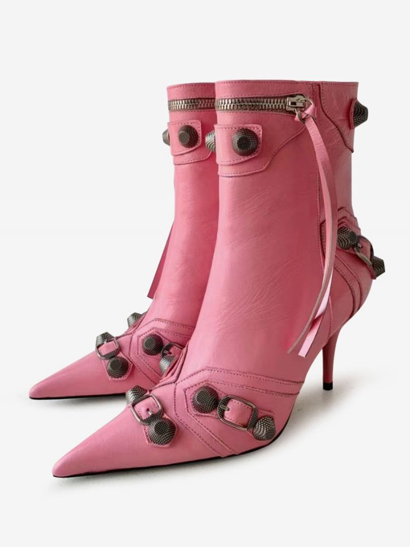 Botas Femininas Salto Agulha Bico Fino Couro Brilhante Com Zíper E Fivela Metal Vintage - Rosa