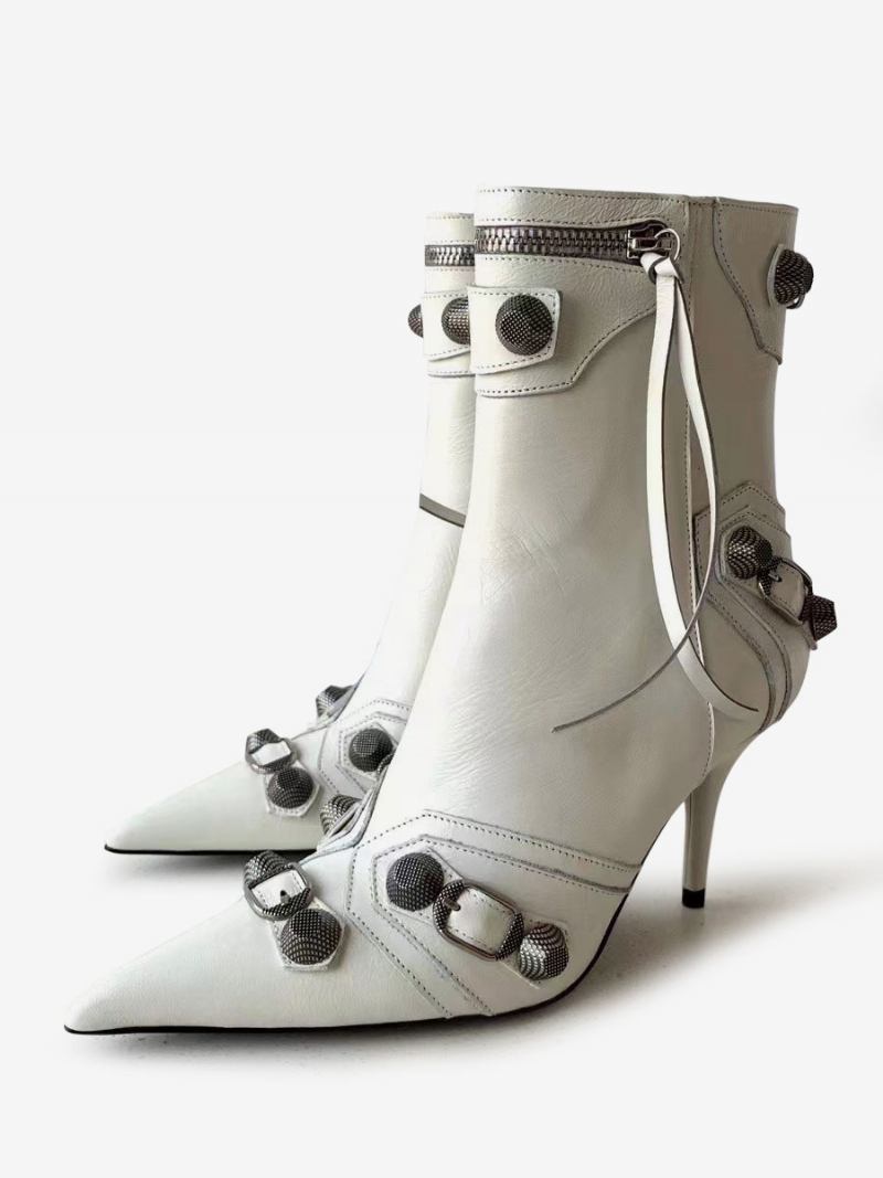 Botas Femininas Salto Agulha Bico Fino Couro Brilhante Com Zíper E Fivela Metal Vintage - Branco