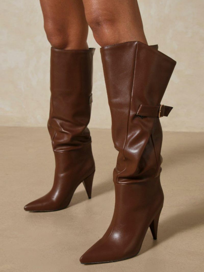 Botas Femininas Salto Agulha Bico Fino Couro Pu Marrom Chocolate Altas Até O Joelho