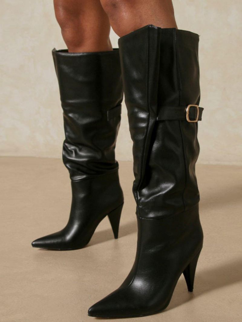 Botas Femininas Salto Agulha Bico Fino Couro Pu Marrom Chocolate Altas Até O Joelho - Preto