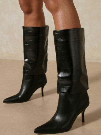 Botas Femininas Salto Agulha Bico Fino Couro Pu Preto Meia Panturrilha