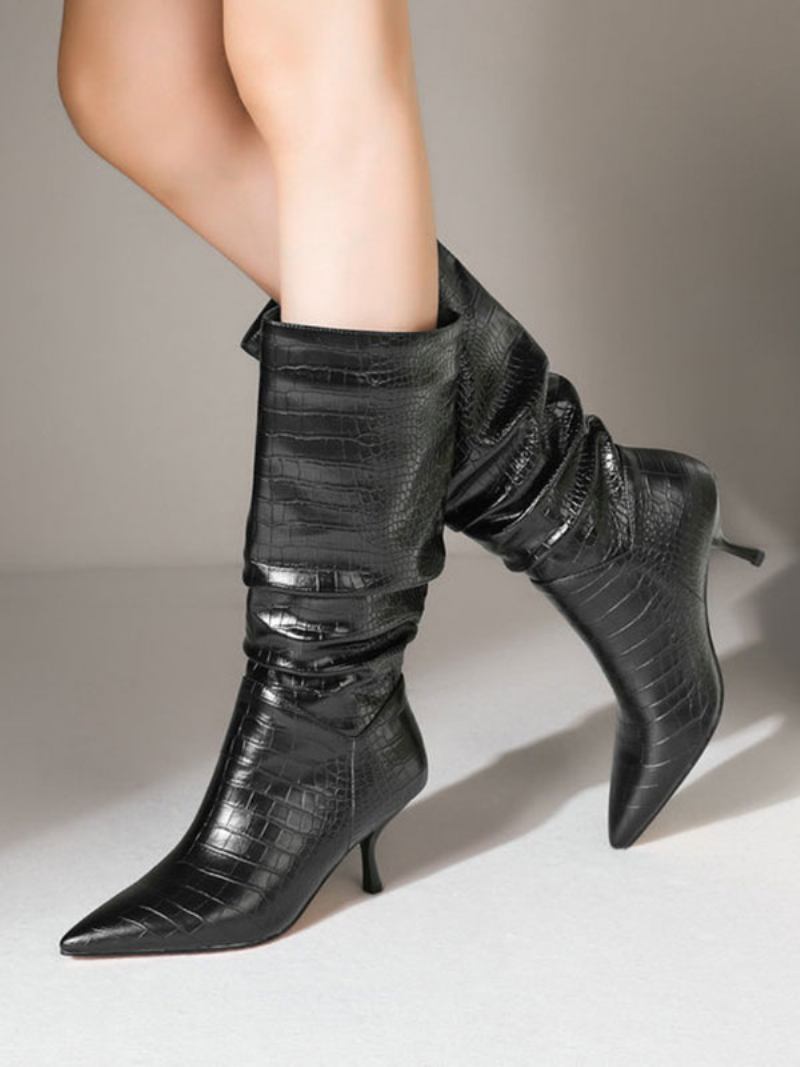 Botas Femininas Salto Agulha Bico Fino Couro Pu Preto Meia Panturrilha