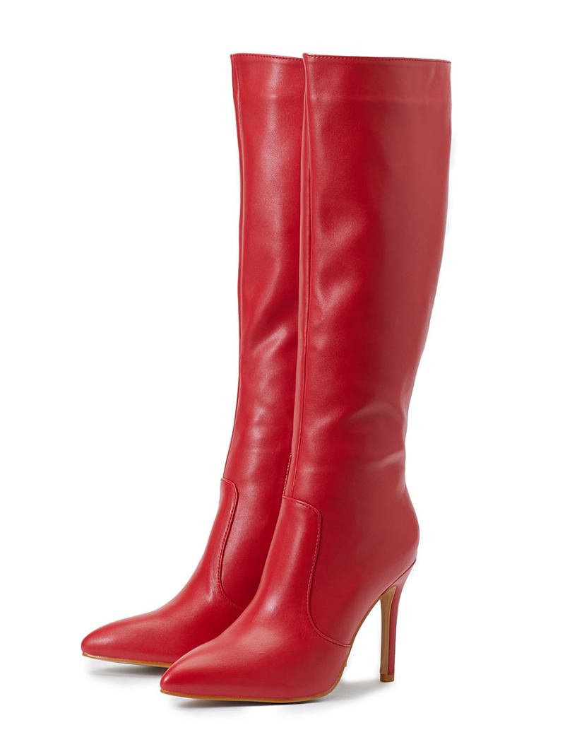 Botas Femininas Salto Agulha Bico Fino Couro Pu Vermelho Altas Até O Joelho