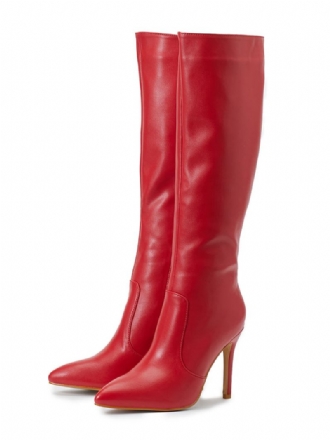 Botas Femininas Salto Agulha Bico Fino Couro Pu Vermelho Altas Até O Joelho